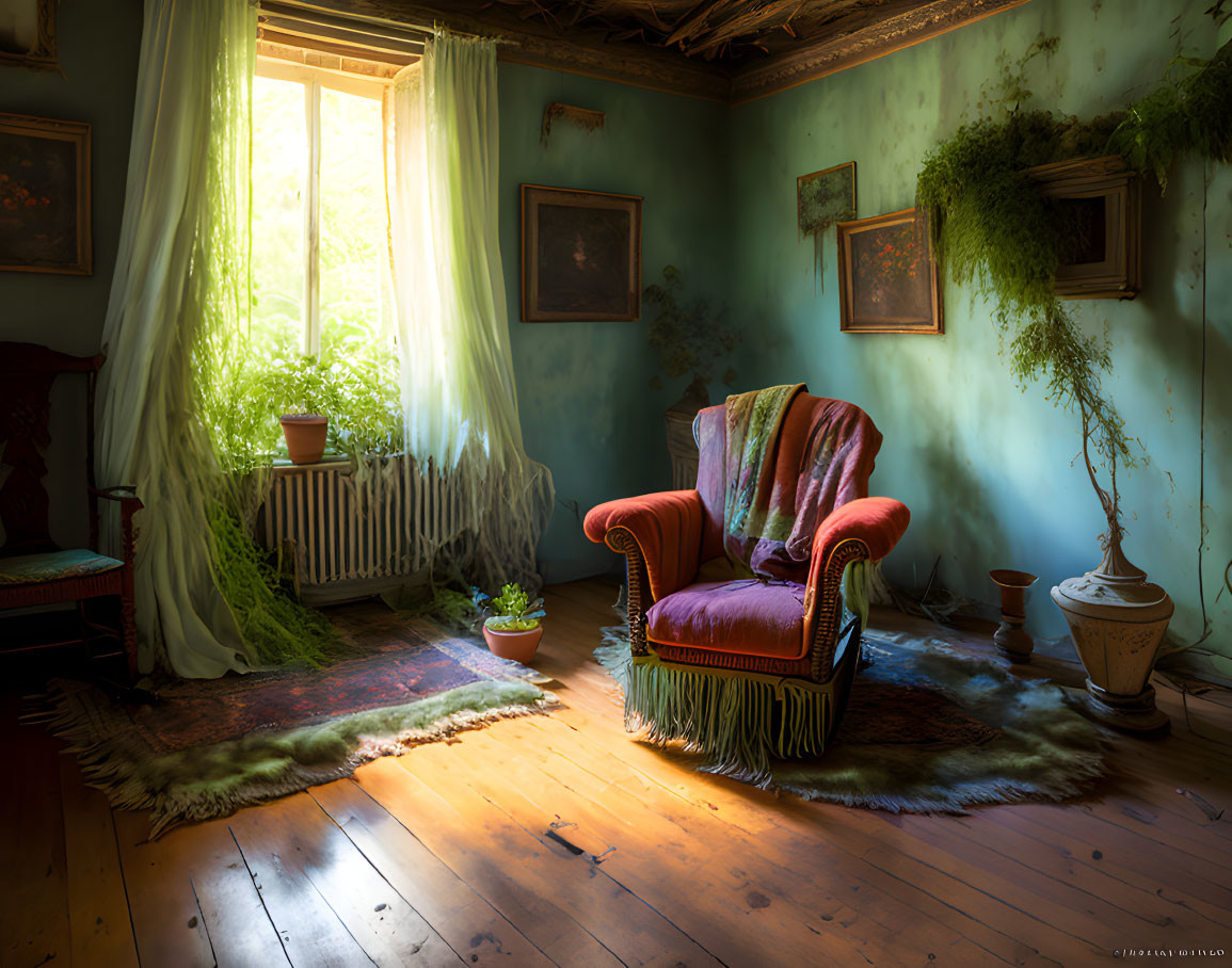 Bright sunlight illuminates cozy antique-filled room with red chair, green curtains, plants, and artwork