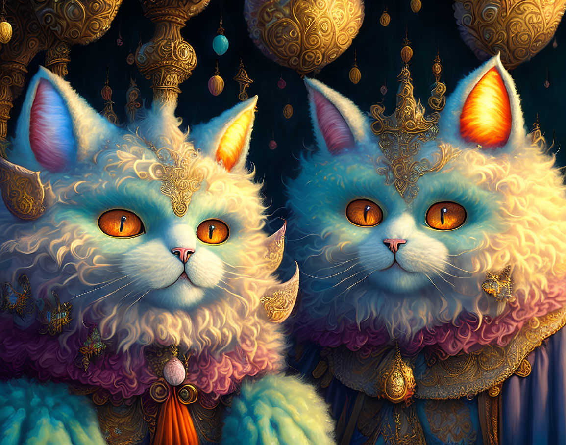 Regal cats with golden eyes and ornate attire amidst decorative baubles