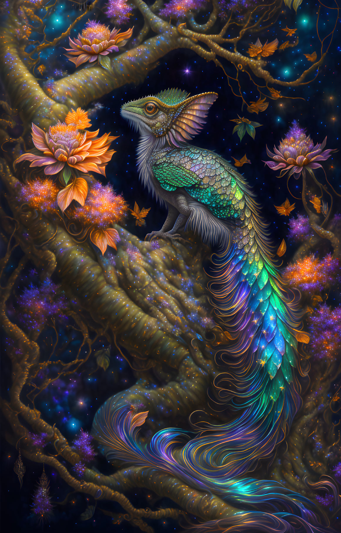 Colorful mythical creature in starry tree with orange flowers