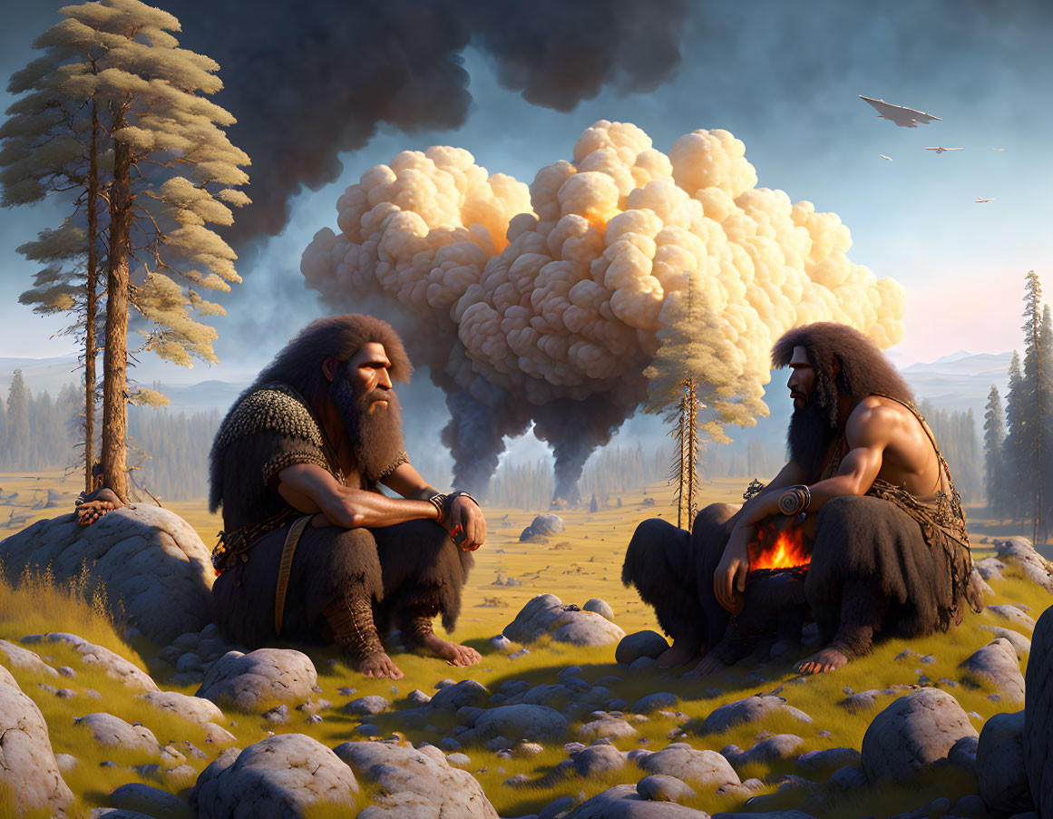 Ancient warriors by fire with forest and mushroom cloud.