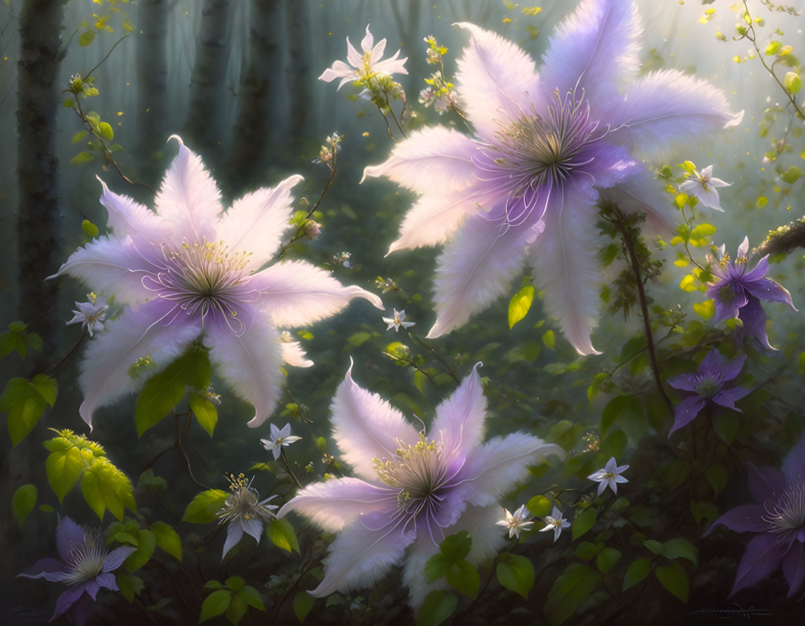 Purple Clematis Flowers in Misty Forest Setting