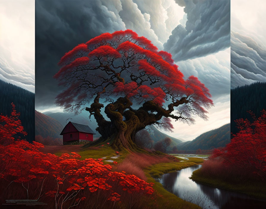 Vivid artistic image of large tree with red foliage, stream, house, and rolling hills