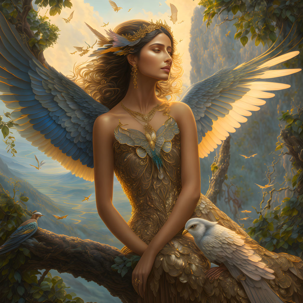 Blue-winged woman in golden bird-themed dress on forest tree branch.