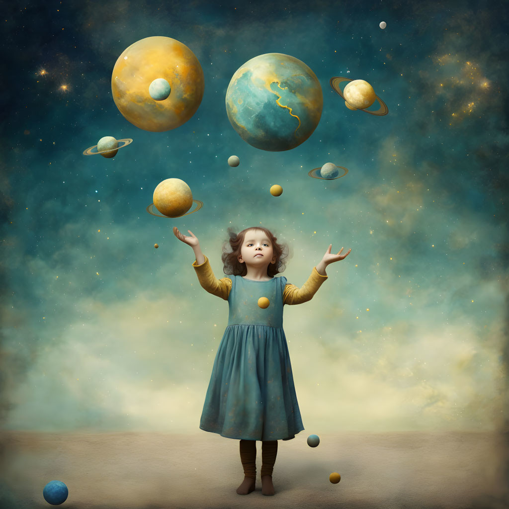 Young girl surrounded by floating planets on dreamy blue and gold backdrop