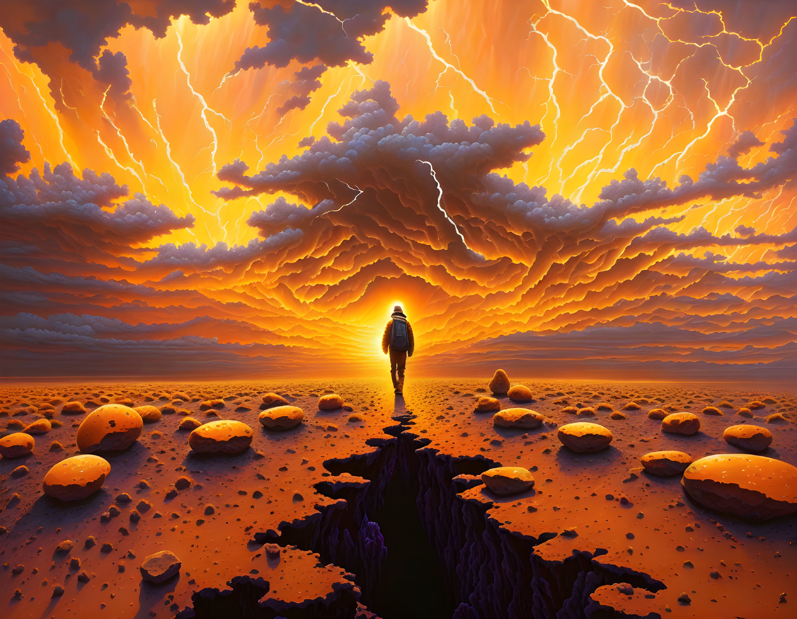 Person in apocalyptic landscape with orange clouds, lightning, and molten rocks.