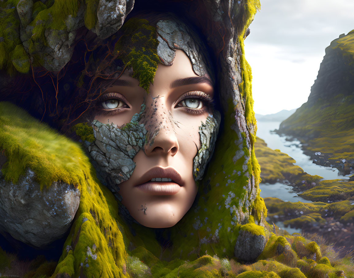 Digital artwork: Woman's face merges with mossy rock in scenic landscape