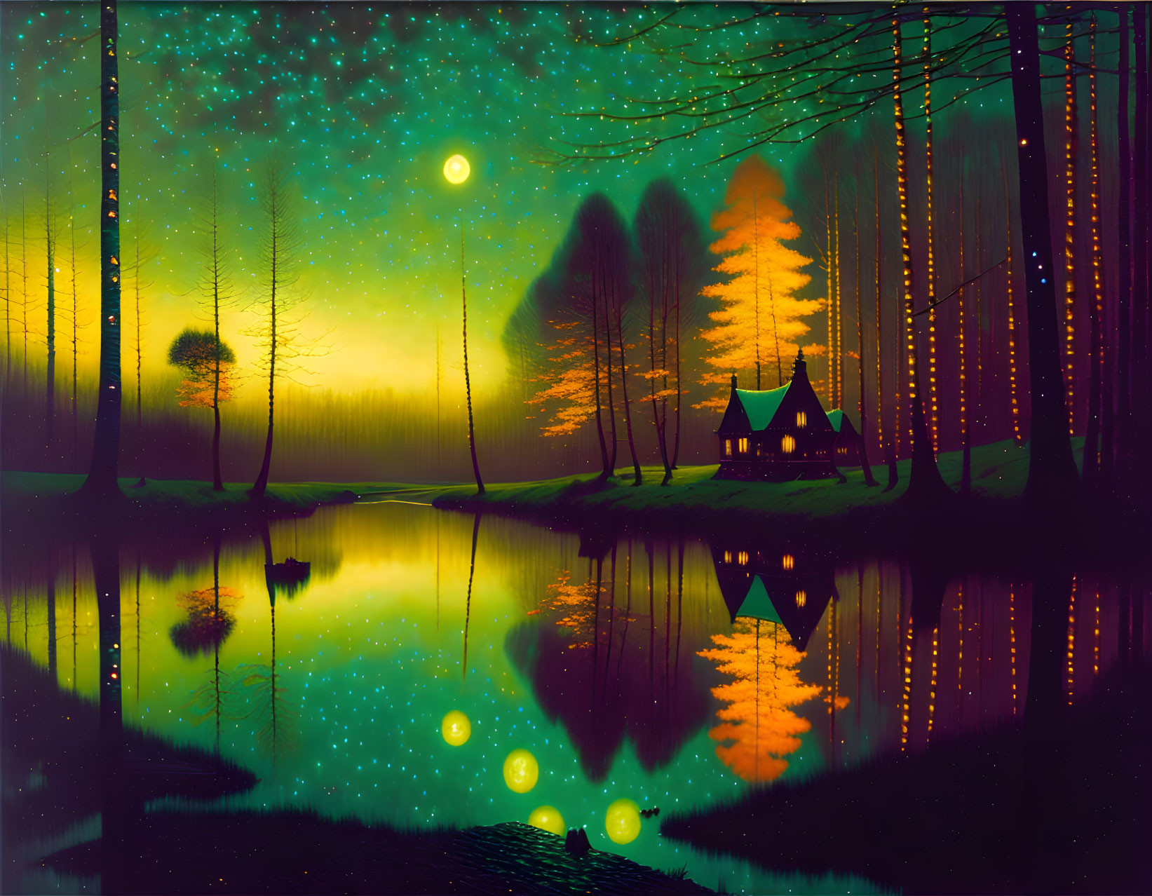 Mystical evening scene with reflective lake and luminous trees