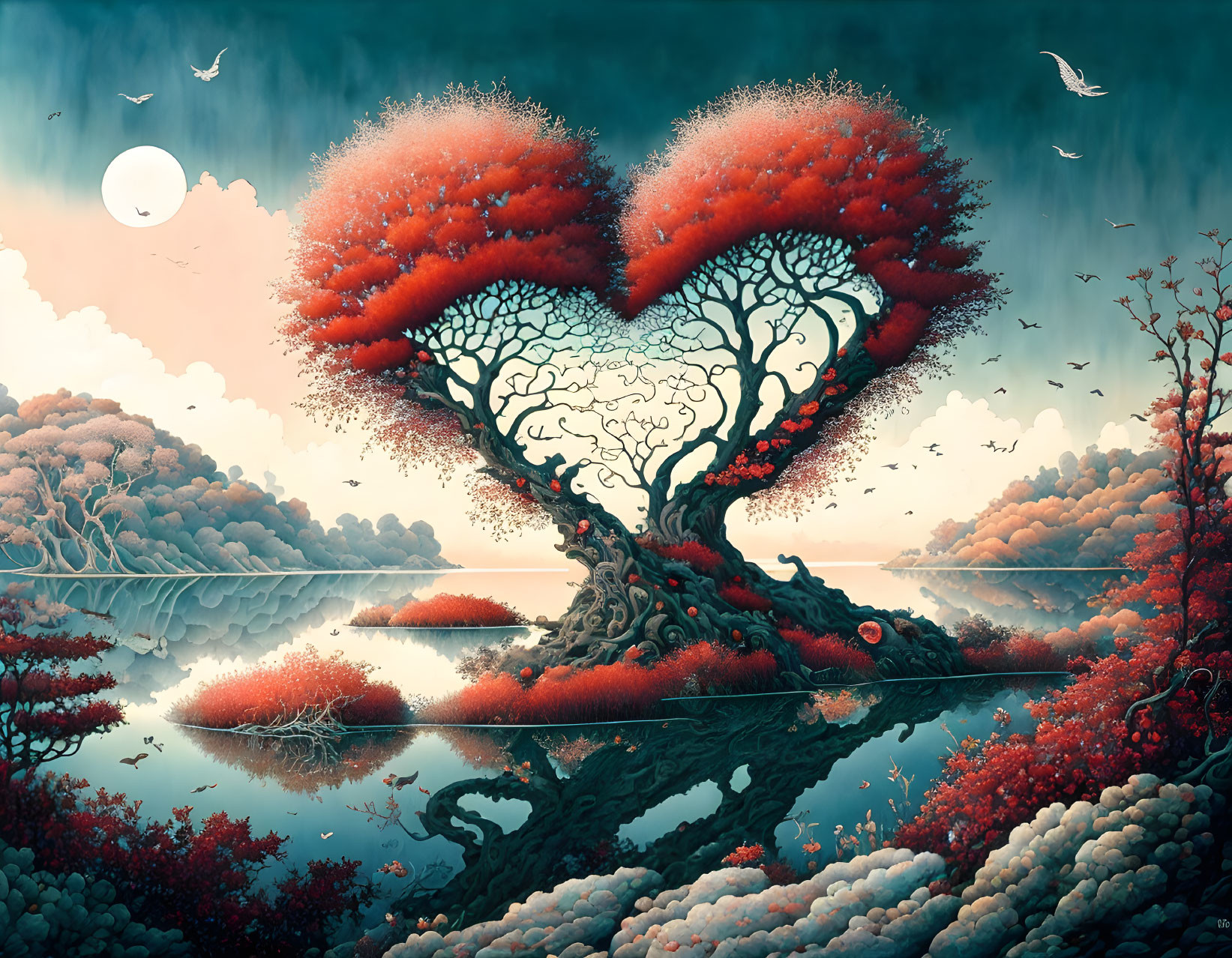 Surreal heart-shaped tree with red foliage reflected in tranquil water