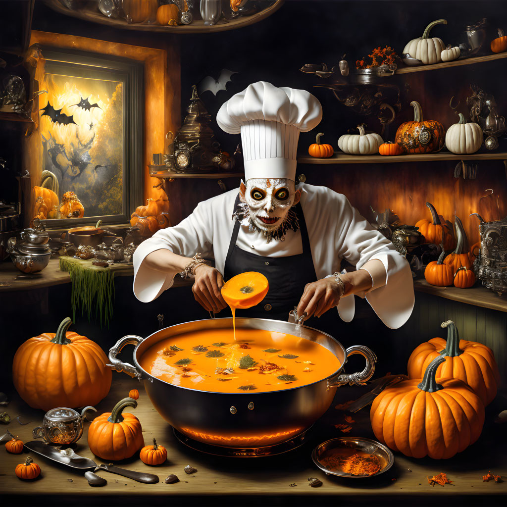 Chef in Skull Face Paint Prepares Pumpkin Soup in Halloween Kitchen