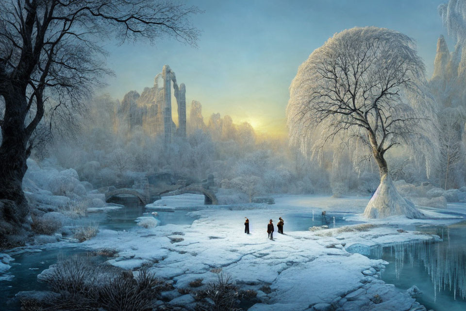 Winter Sunrise Landscape with Three People on Snowy Riverbank