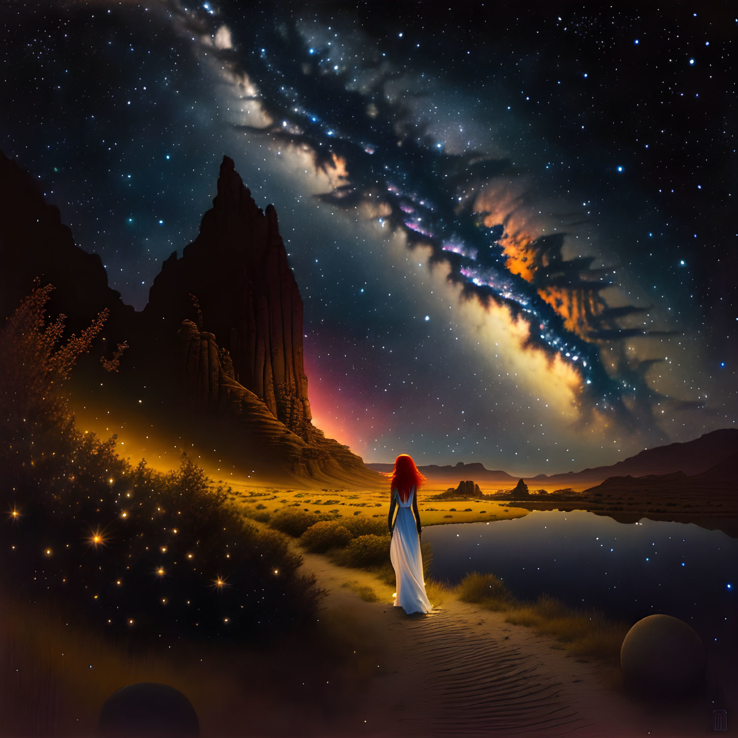 Red-haired person in white dress by lake at twilight with comet and rock formation