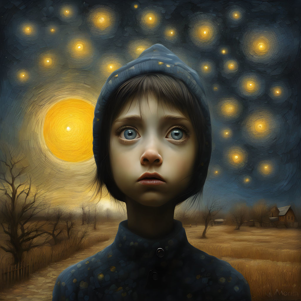 Surreal portrait of child with large expressive eyes in mystical landscape