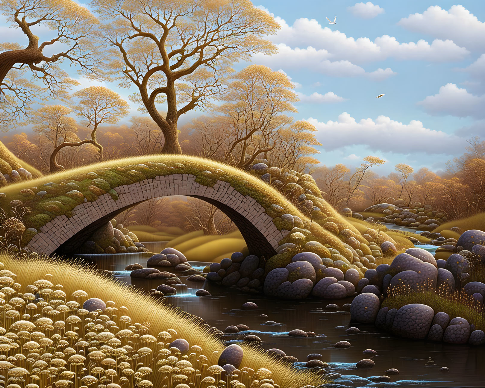 Tranquil landscape with stone bridge over calm river