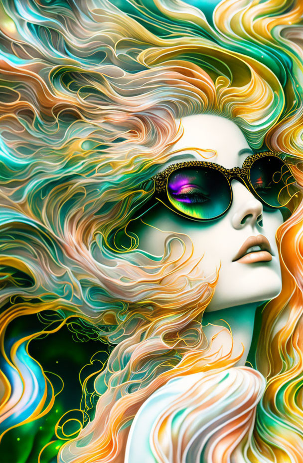 Colorful digital artwork: Woman with multicolored hair & round sunglasses