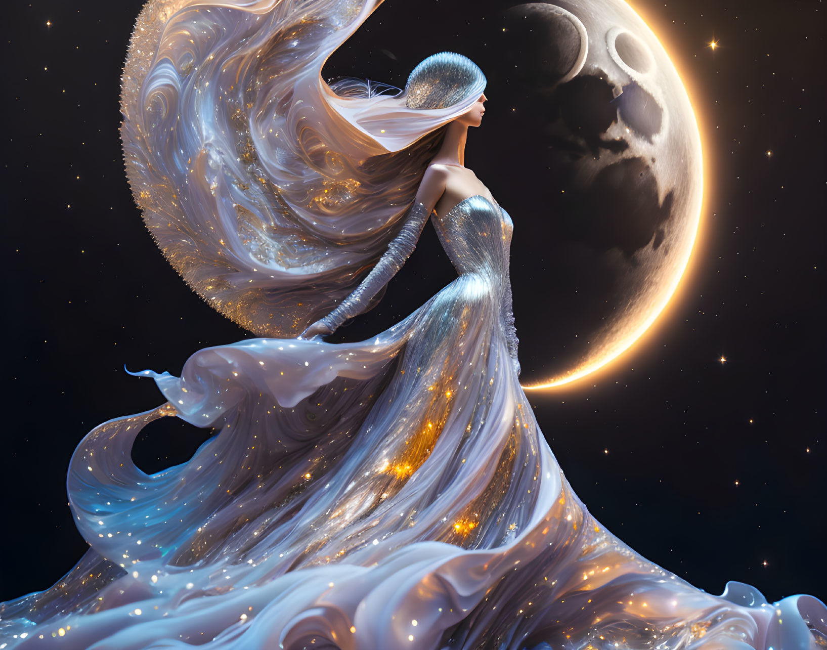 Woman in glittery gown gazes at crescent moon in starry sky