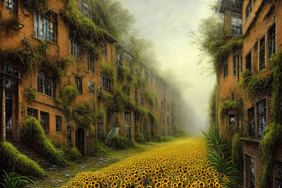 Sunflower-lined path through ivy-covered alley under mystical sky