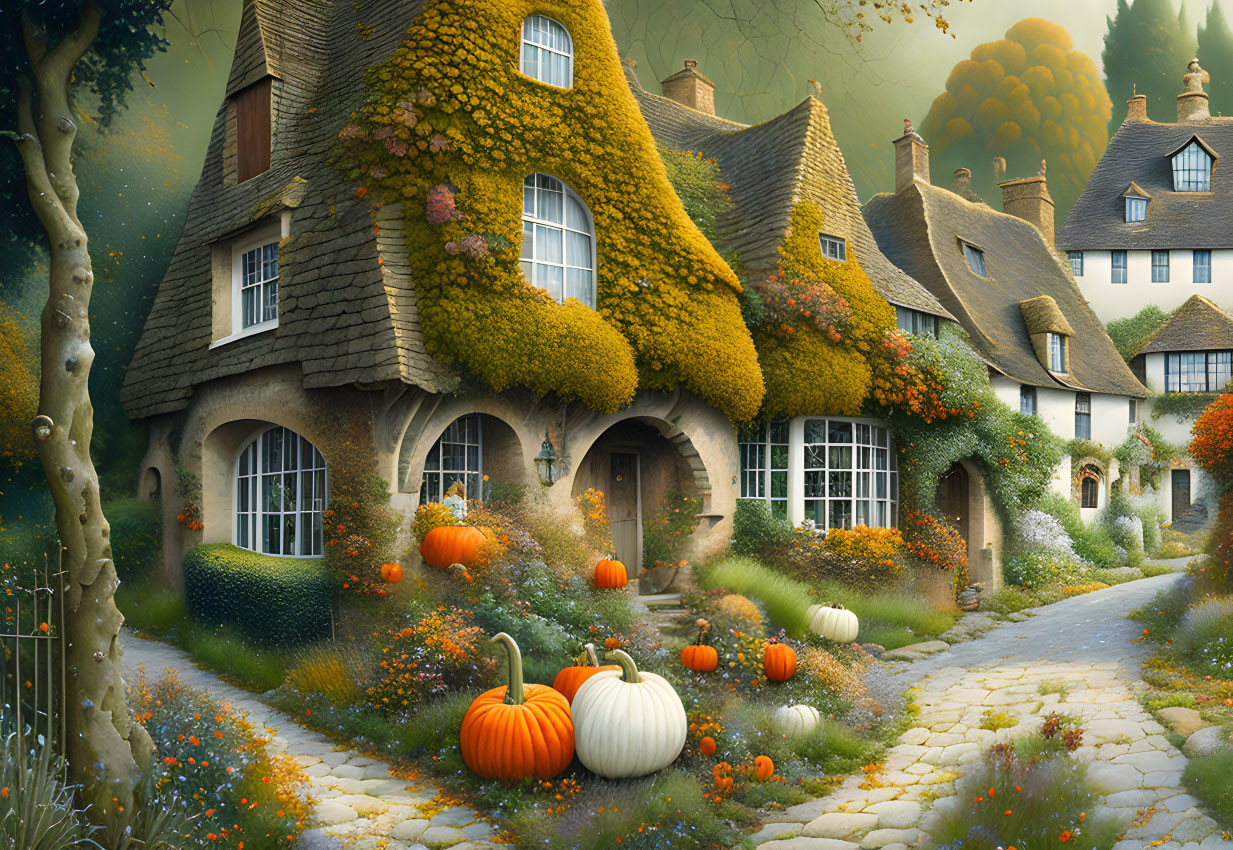 Charming Thatched Cottages Surrounded by Pumpkins and Flowers