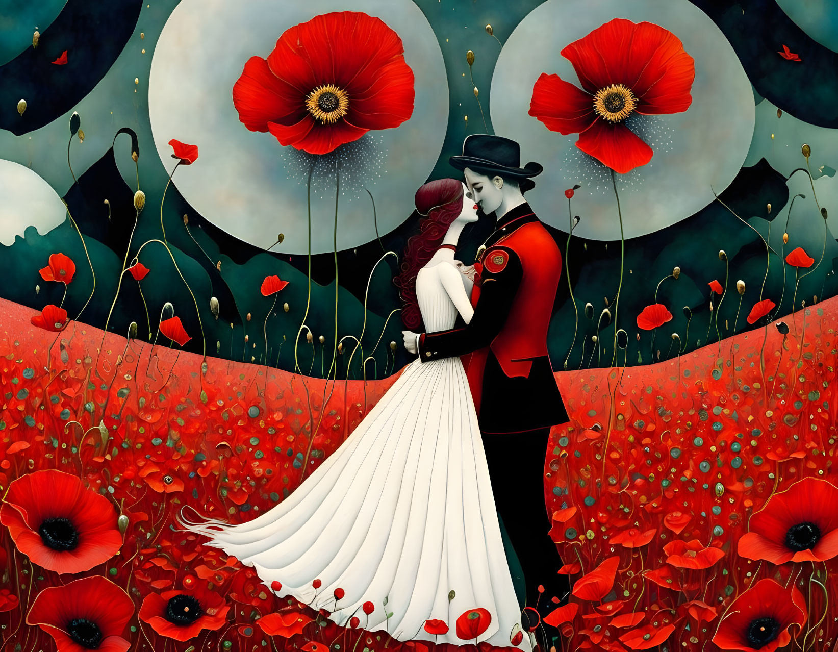 Illustration of couple embracing in poppy field under dotted sky