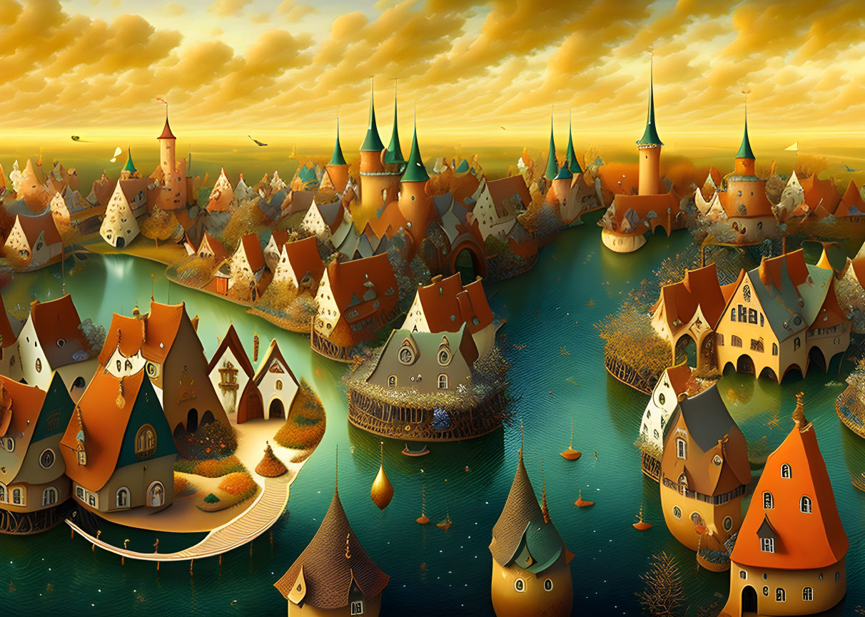 Fairy-Tale Village with Orange-Roofed Houses by Calm Blue Sea at Sunset