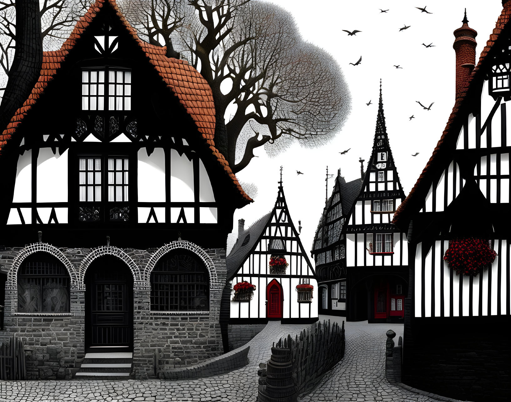 Monochrome illustration of a European village with half-timbered houses, cobblestone streets,