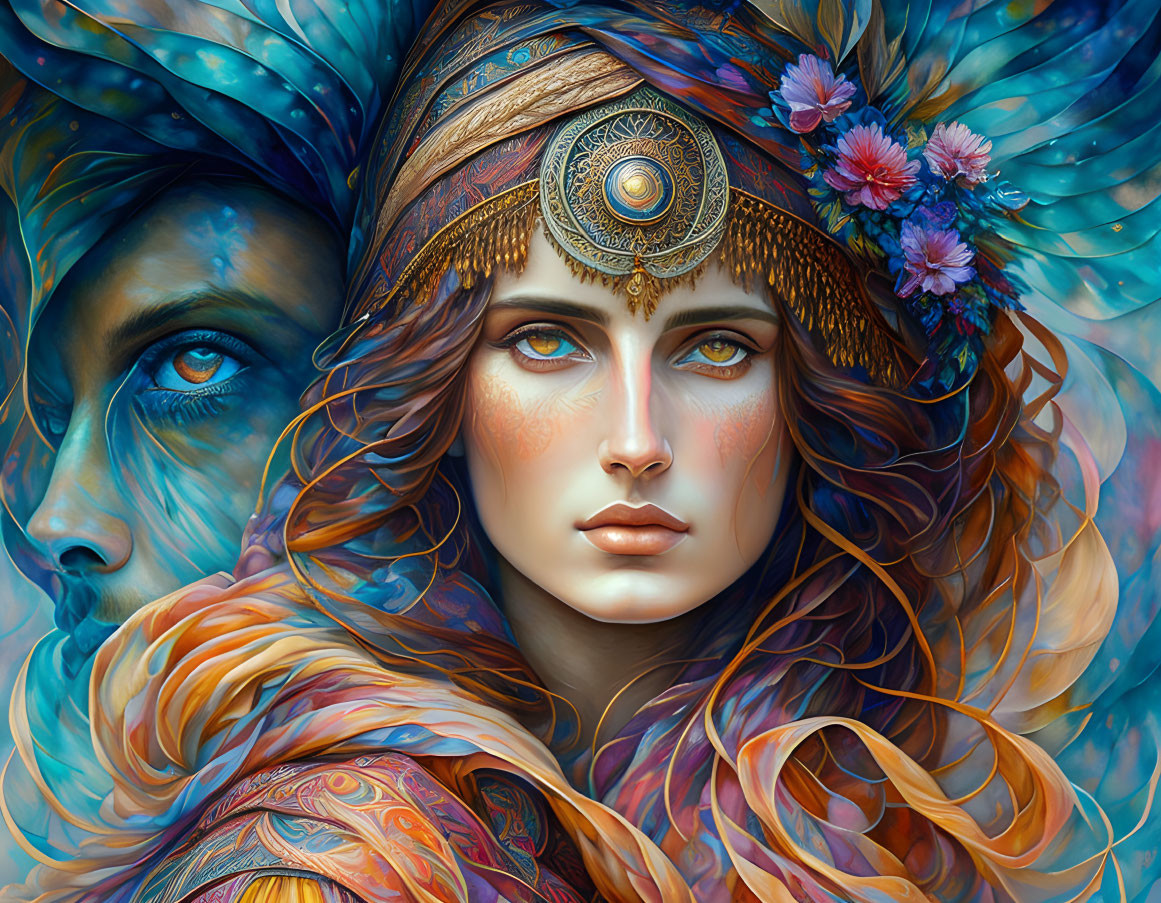 Colorful digital artwork: woman with intricate headgear and flowing hair, spectral male face in background