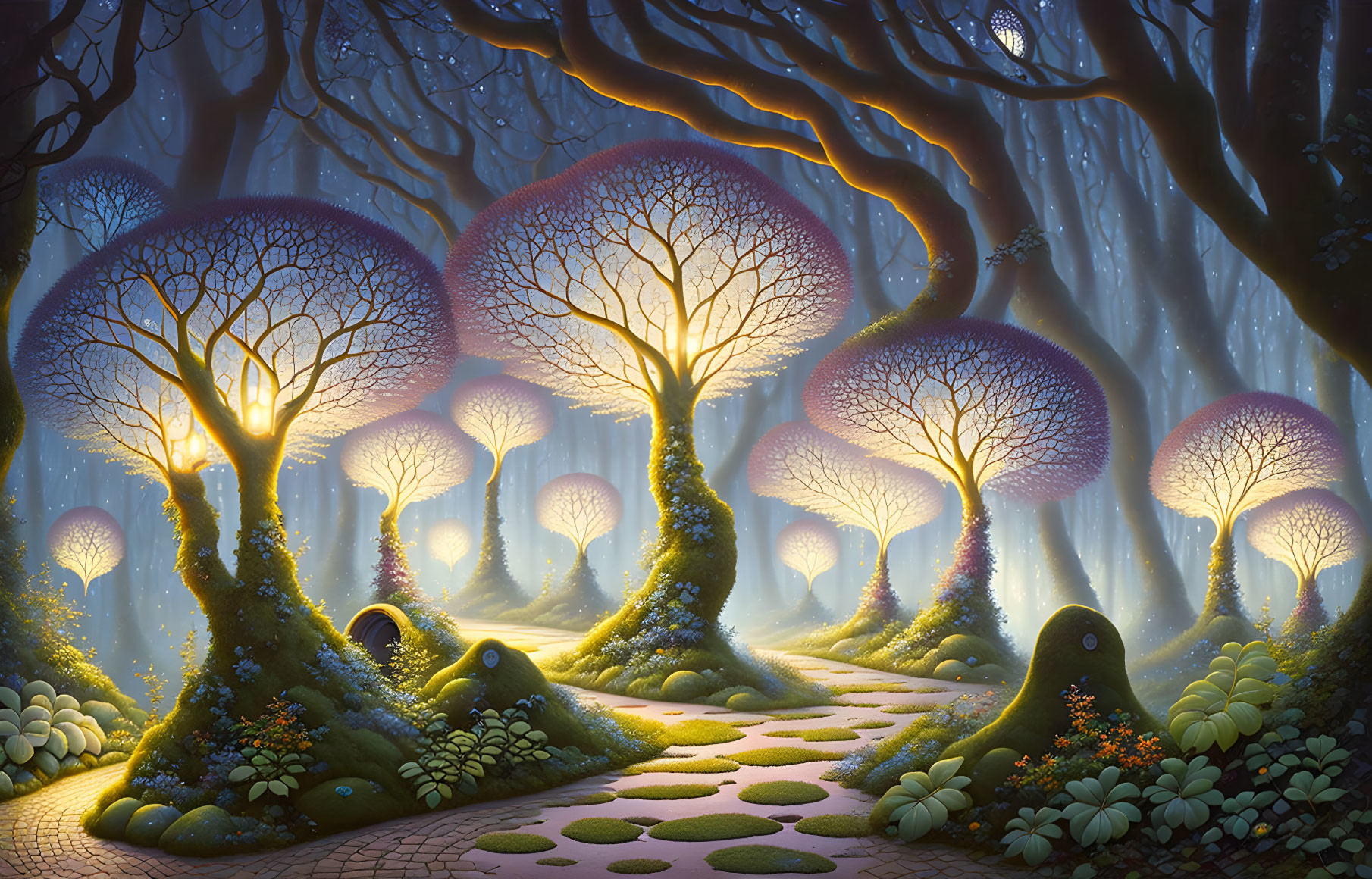 Luminescent forest with glowing orbs and stone pathway