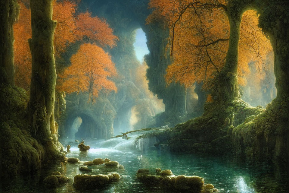 Ethereal forest scene: golden leaves, mist, tranquil river, stone arches.