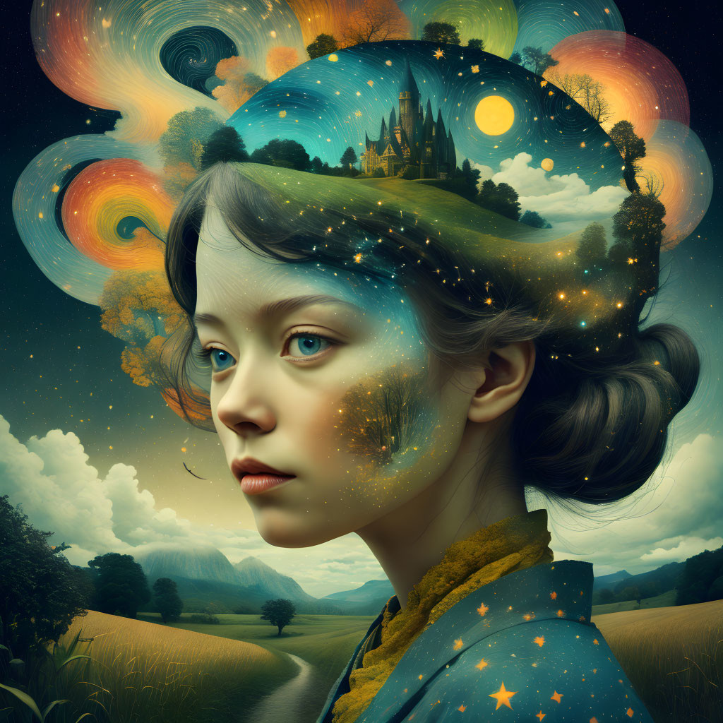 Young girl with cosmic landscape merging in hair - castle, swirls, stars & pastoral scene