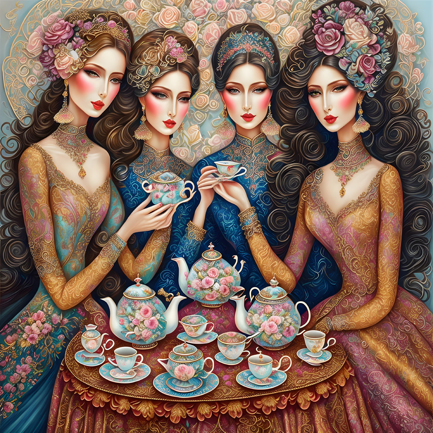 Stylized women with ornate clothing at a tea party