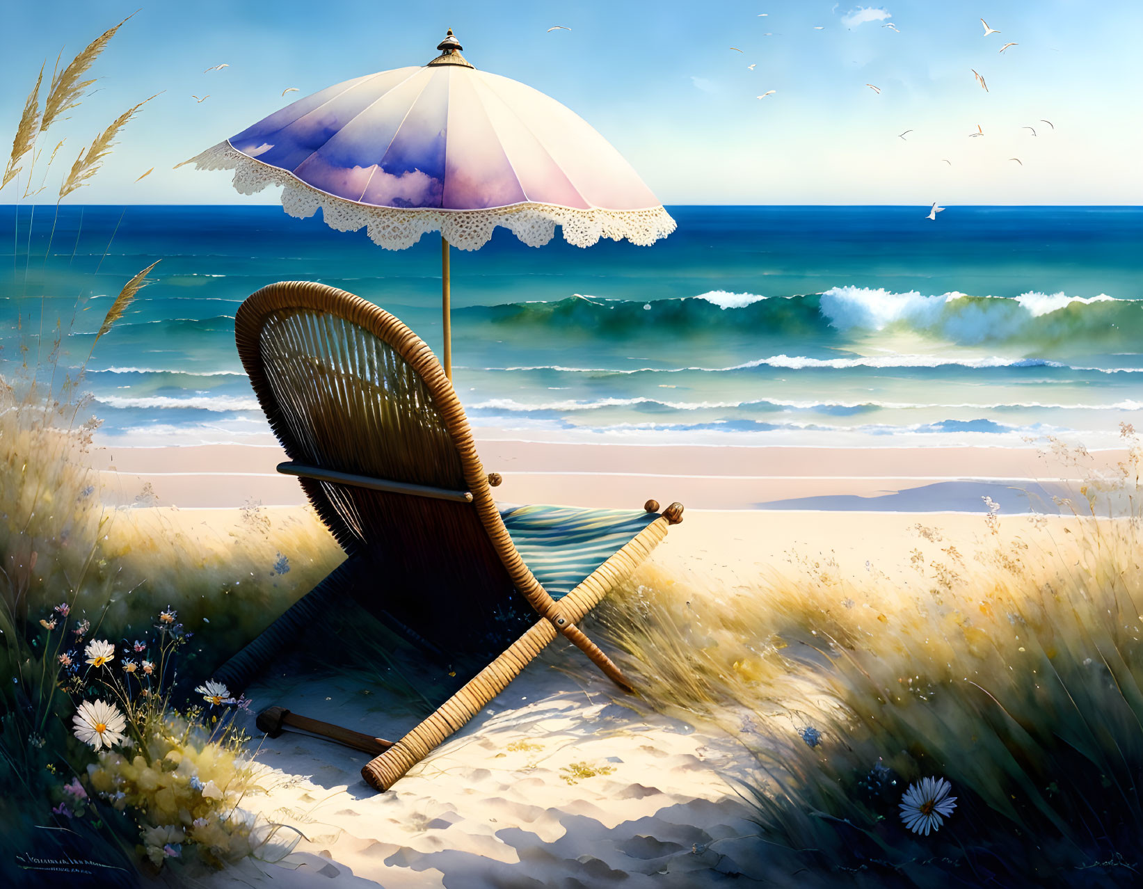 Tranquil Beach Scene with Wicker Chair and Parasol