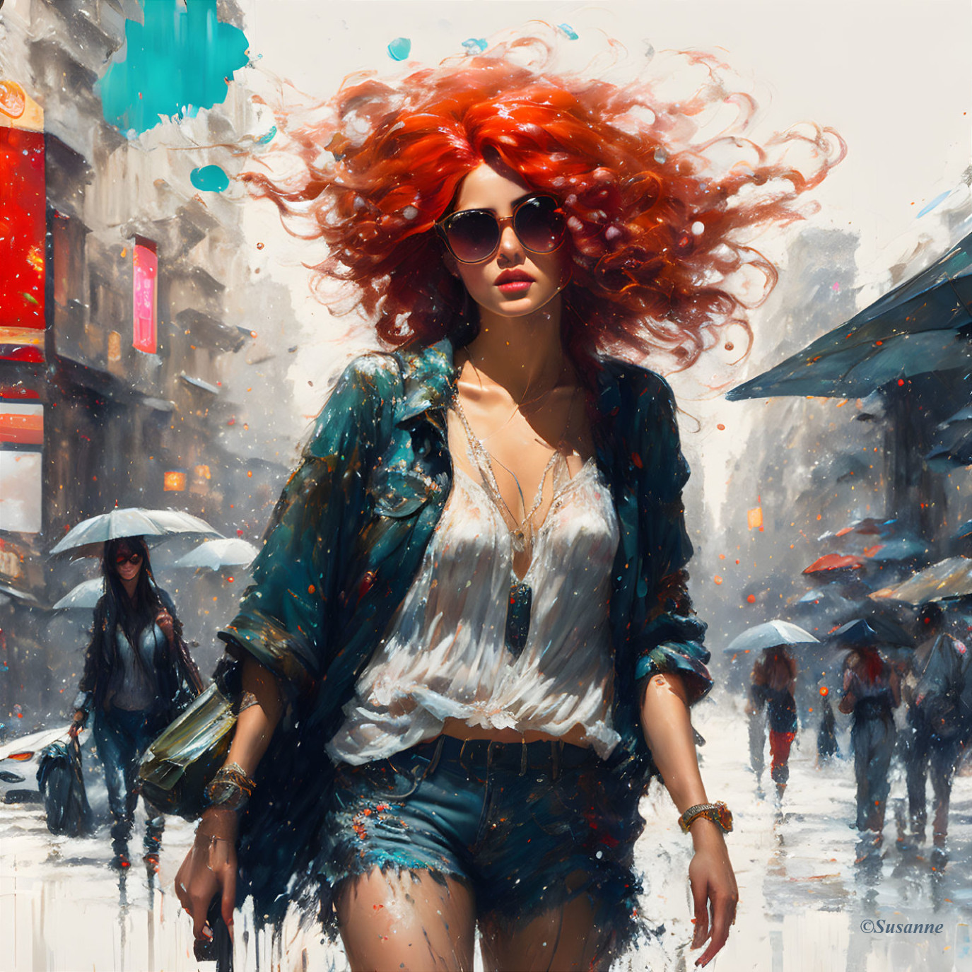 Red-haired woman in sunglasses walking confidently in snowy cityscape.