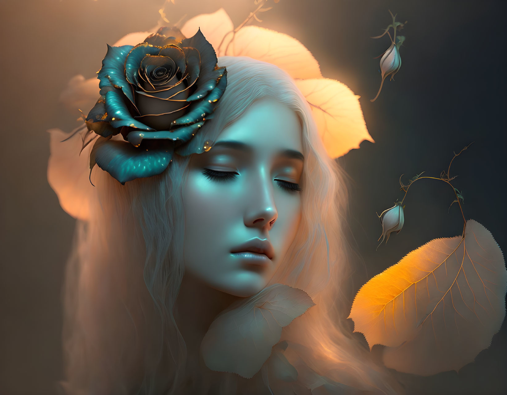 Woman with blue rose and leaves in golden glow.