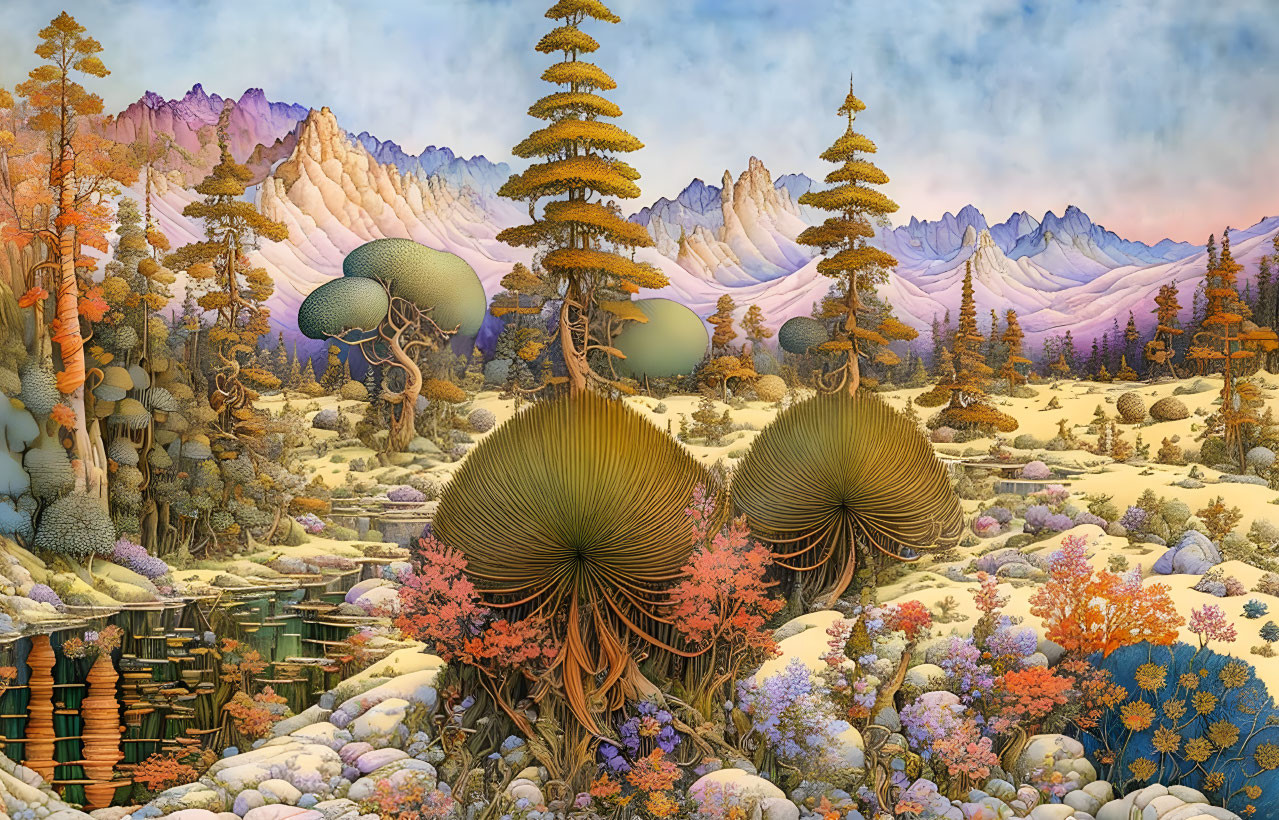 Surreal landscape with mushroom-like trees and snow-capped mountains