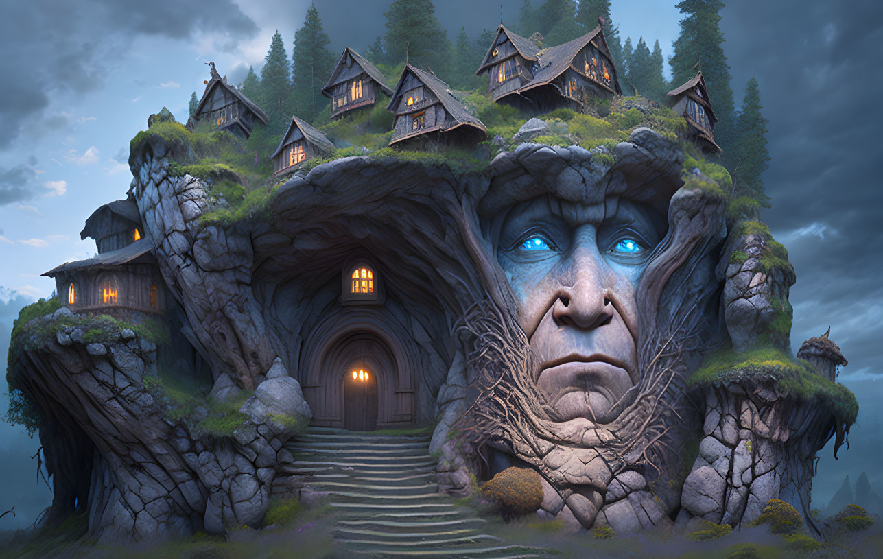 Giant Face Carved into Hill with Lit Windows and Ethereal Blue-Eyed Gaze