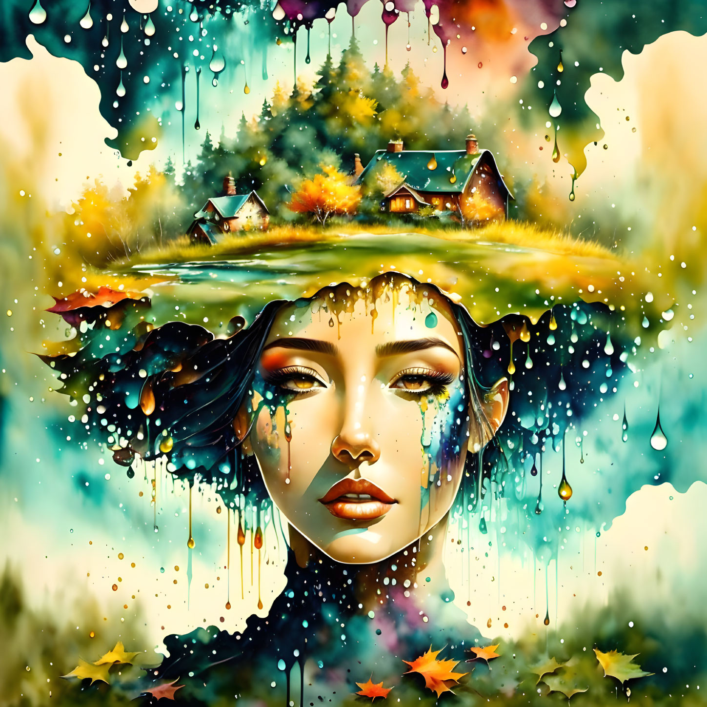 Woman's face merges with vibrant landscape in fantastical portrait