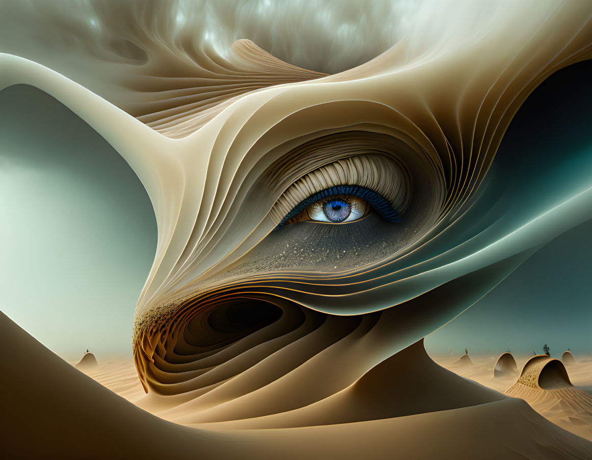 Surreal landscape blending sand dunes with human eye layers