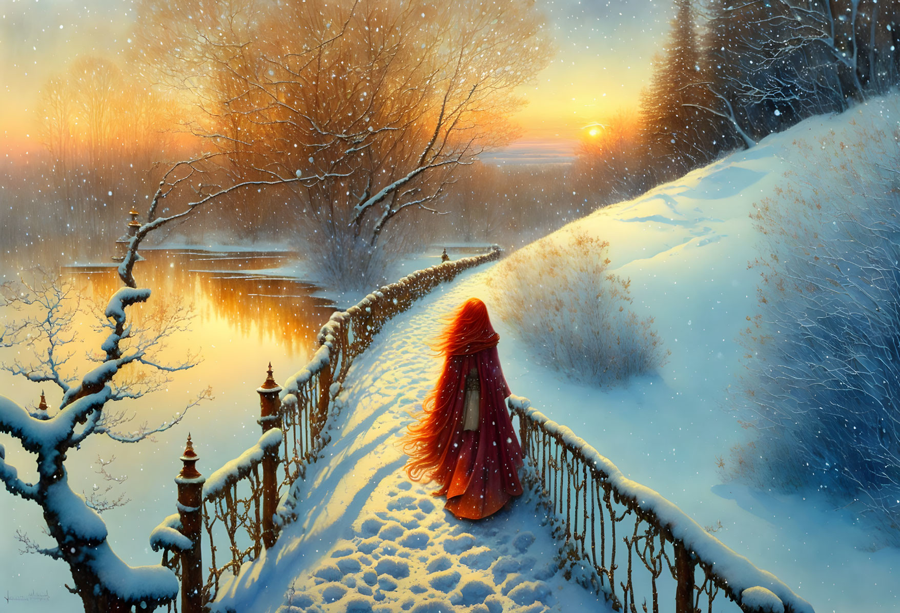 Person in red cloak on snow-covered bridge at sunset