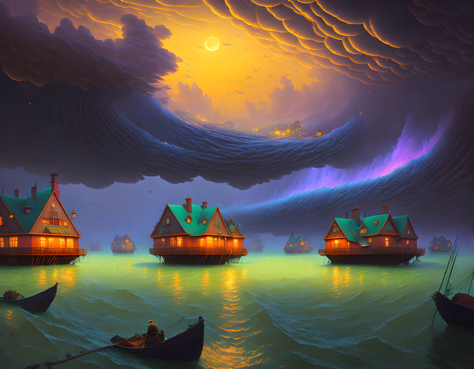 Twilight fantasy seascape with floating houses, glowing lights, aurora, and boats under ominous clouds