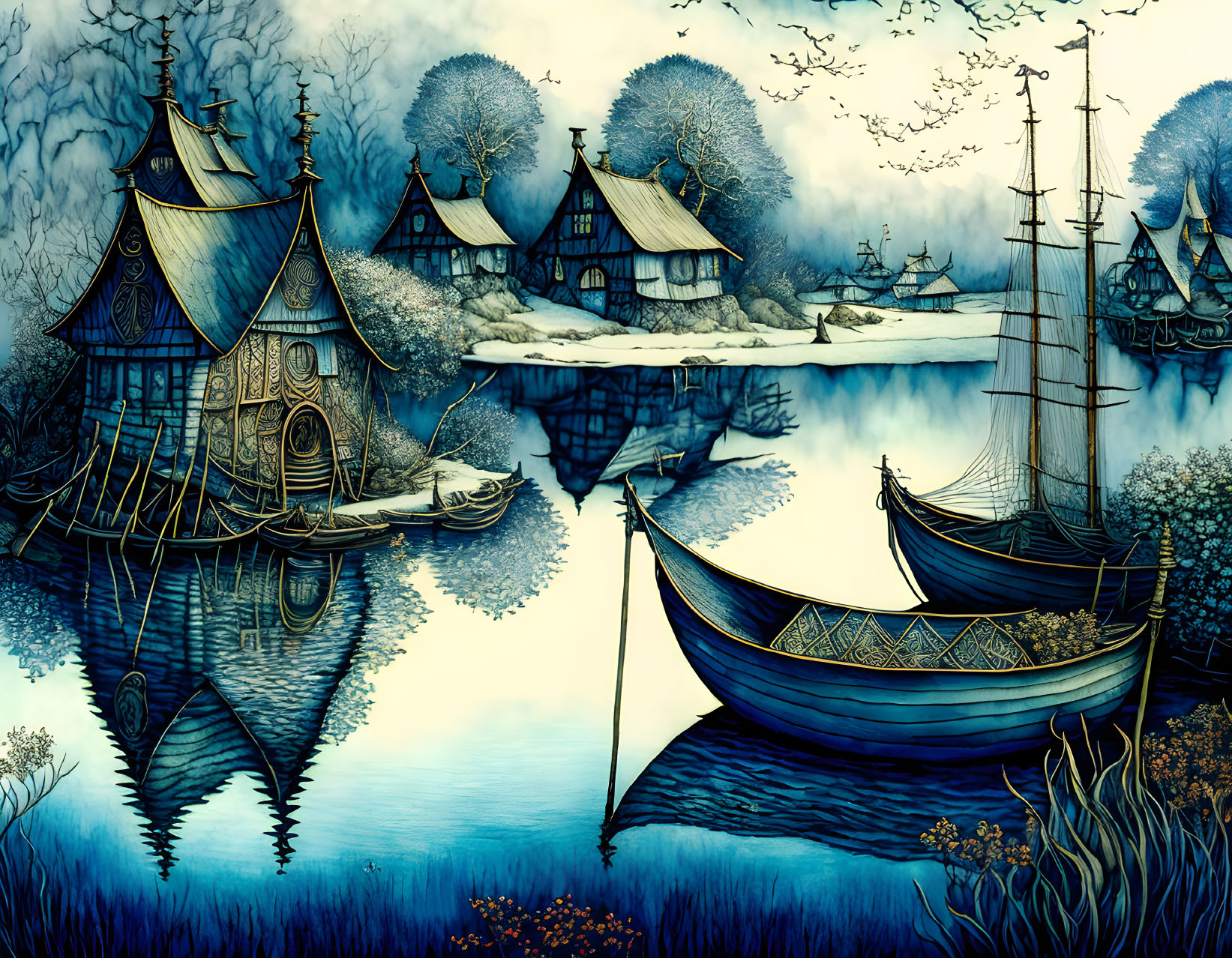 Serene lakeside village illustration with ornate houses, boats, and ship at twilight