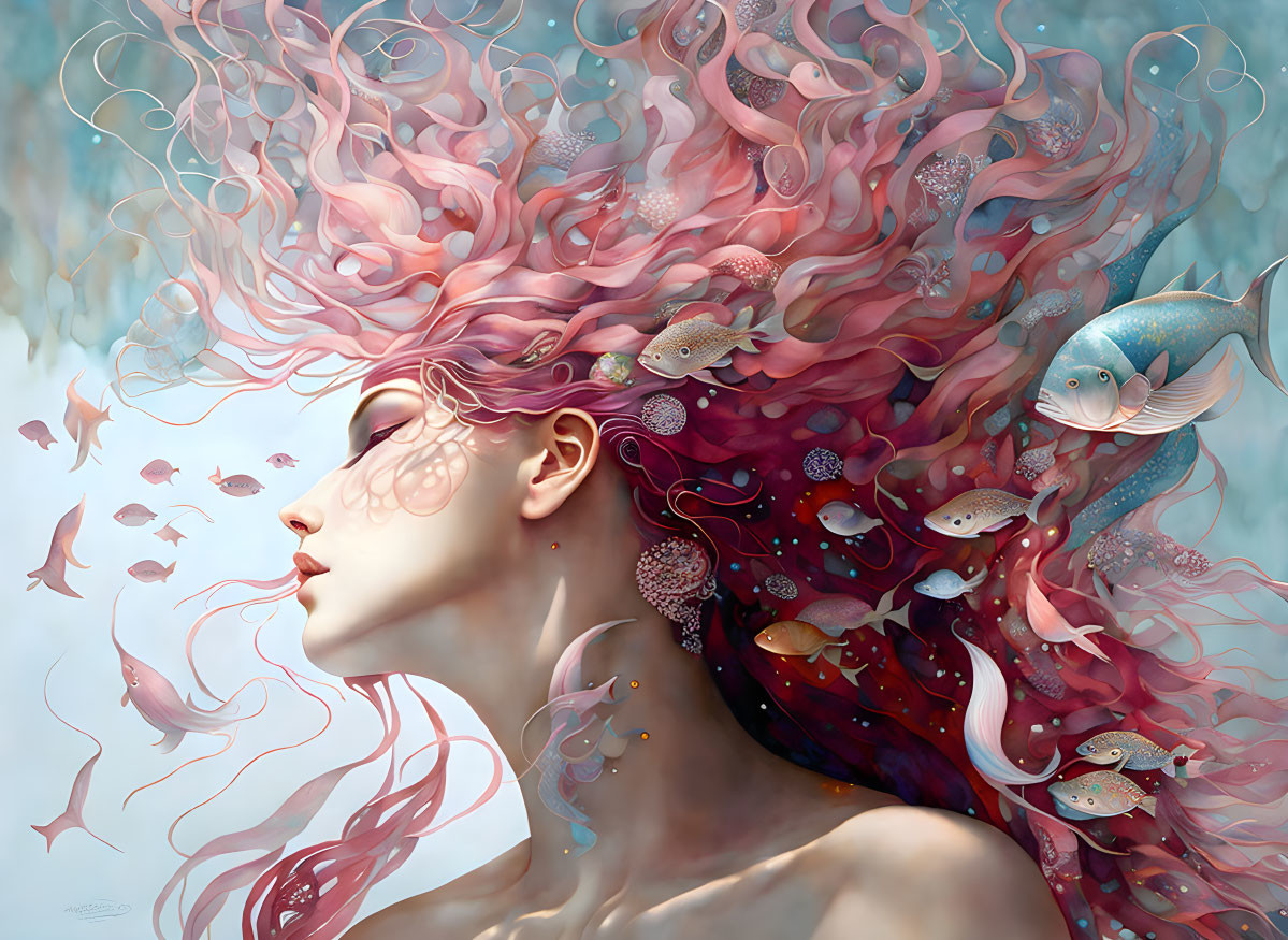 Serene woman with pink ocean-like hair and ethereal sea life.