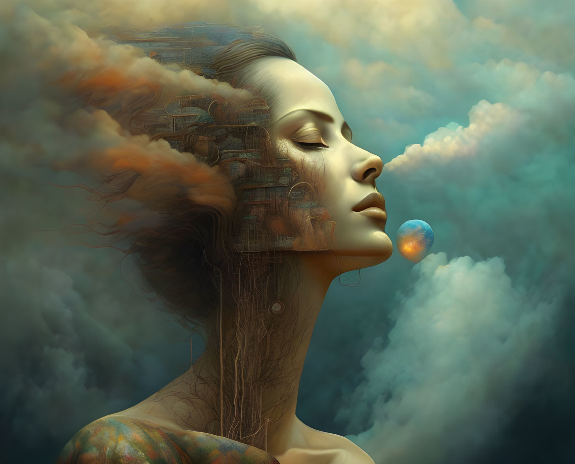 Surreal portrait of woman with cityscape and cloud elements blending.