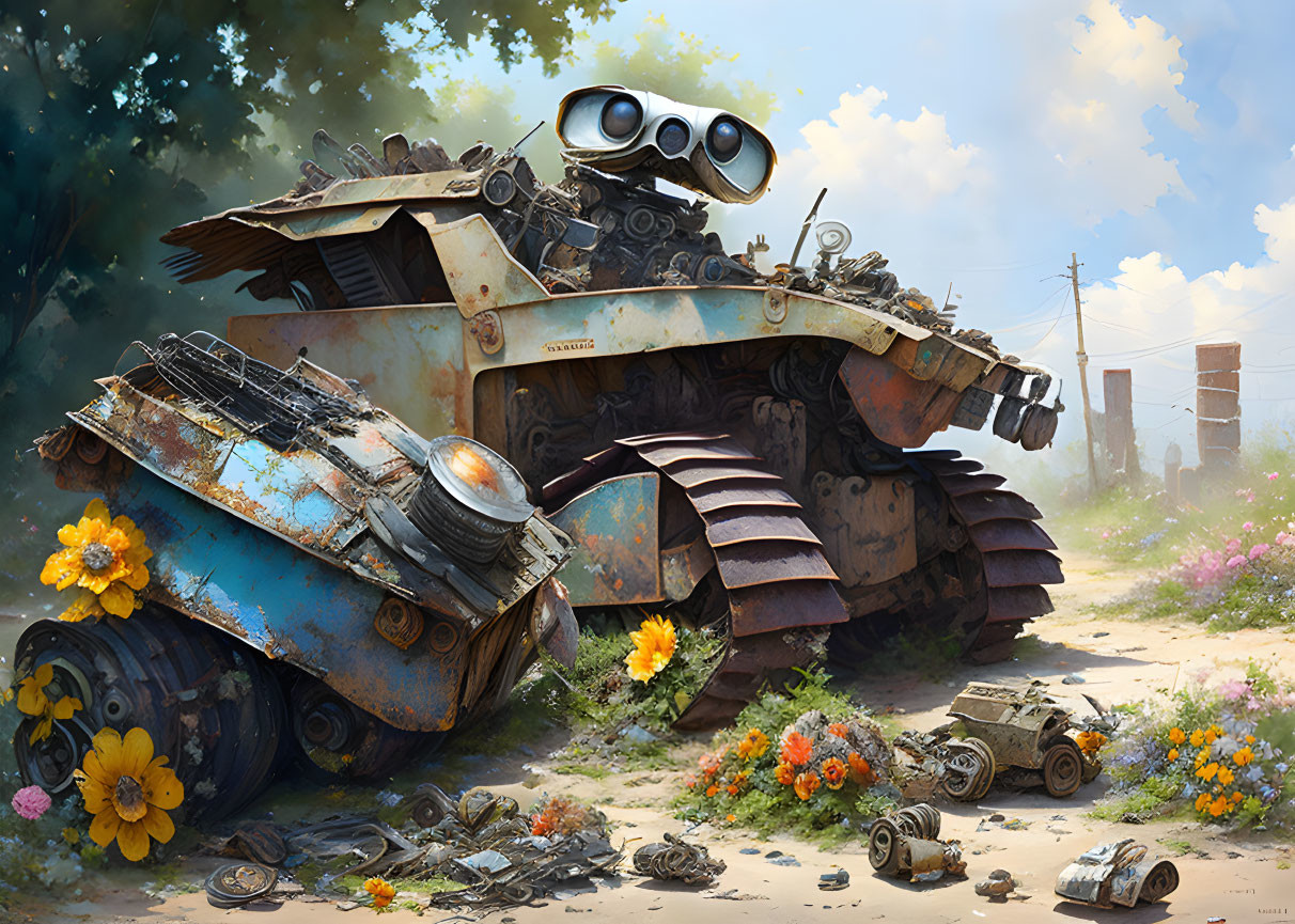 Rusted robot surrounded by flora in post-apocalyptic scene