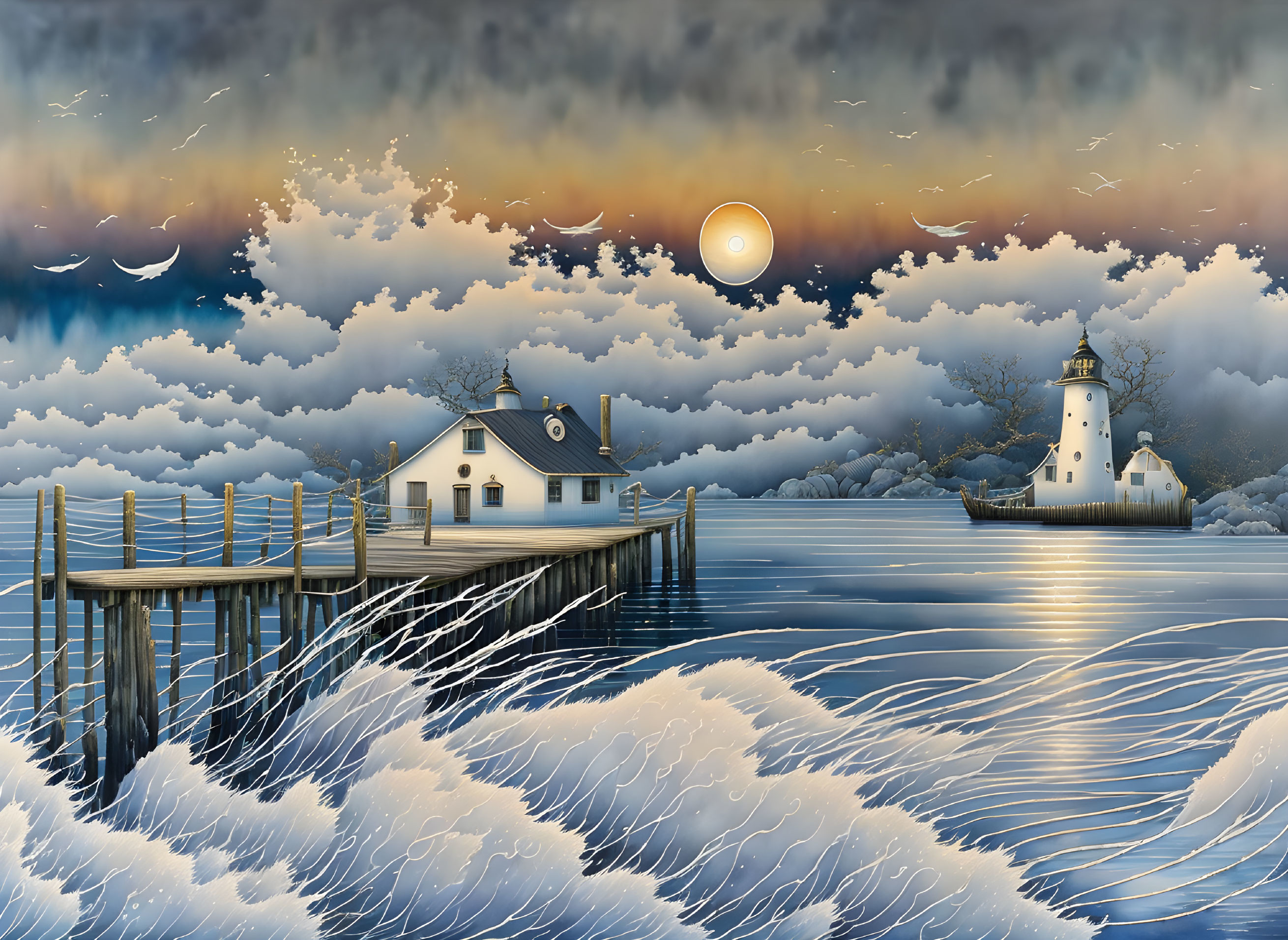 Lighthouse and House by the Sea with Moonlit Sky