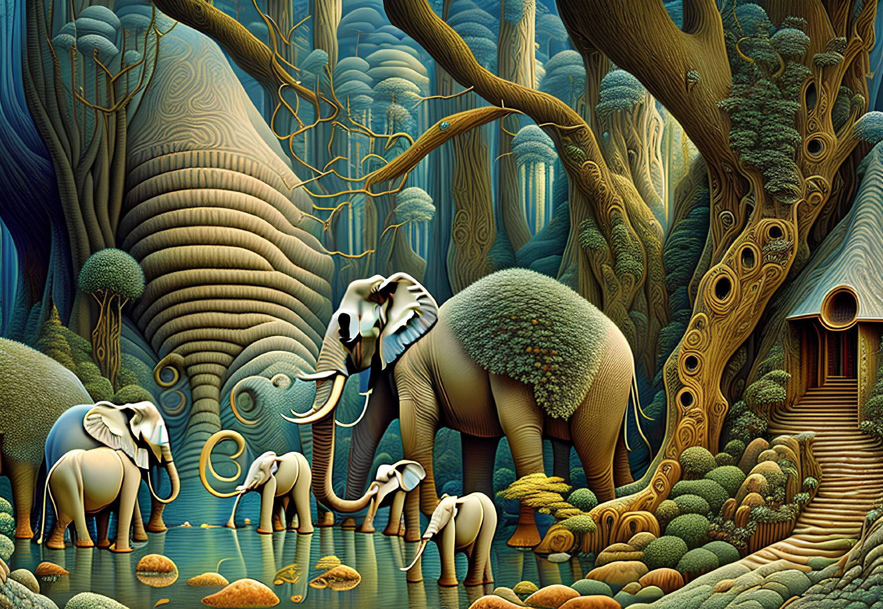 Fantastical forest with surreal landscape and textured elephants