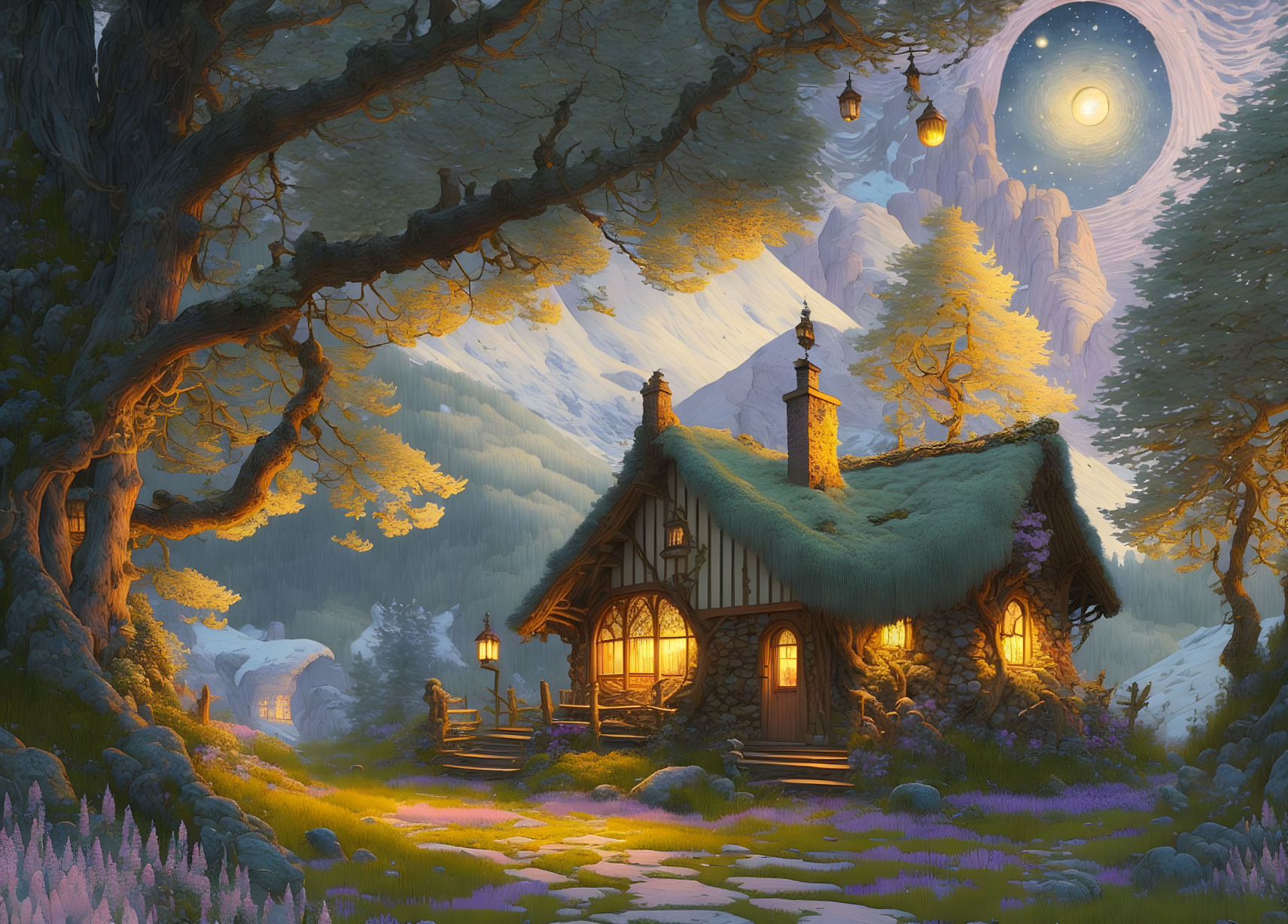 Moonlit forest cottage surrounded by vibrant flora and distant mountains