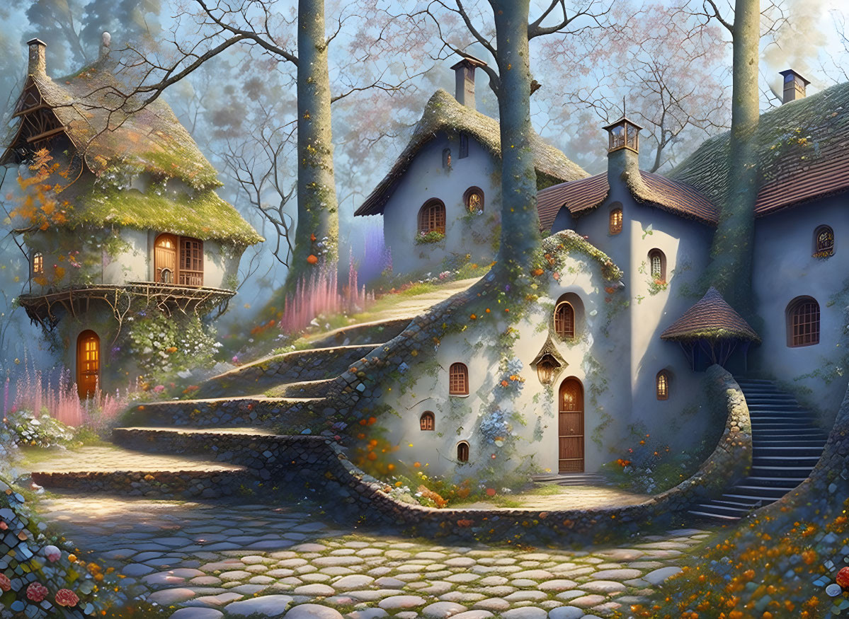 Whimsical enchanted forest village with cobblestone paths and blooming flowers