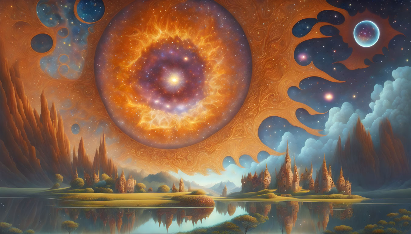 Serene landscape with lake, trees, and fantastical sky featuring vibrant celestial bodies.