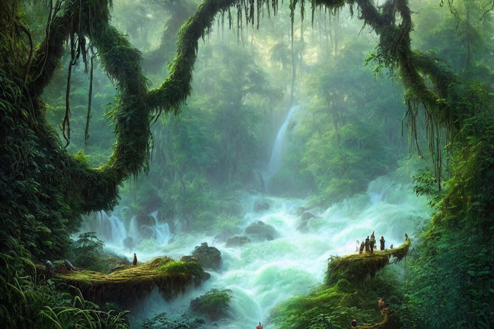 Mystical forest scene with waterfall, mist, and people on rock