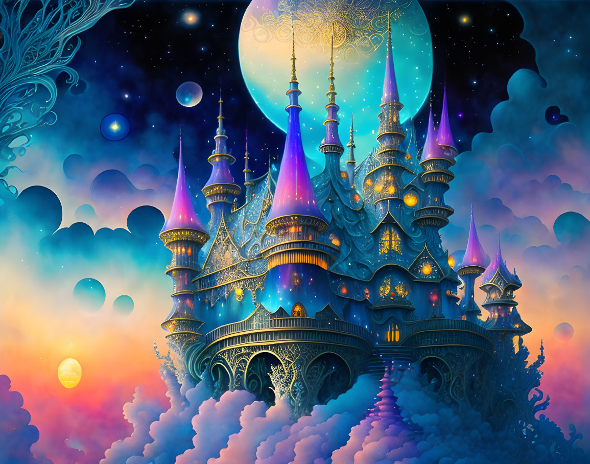 Fantasy castle with pointed towers in starry night sky