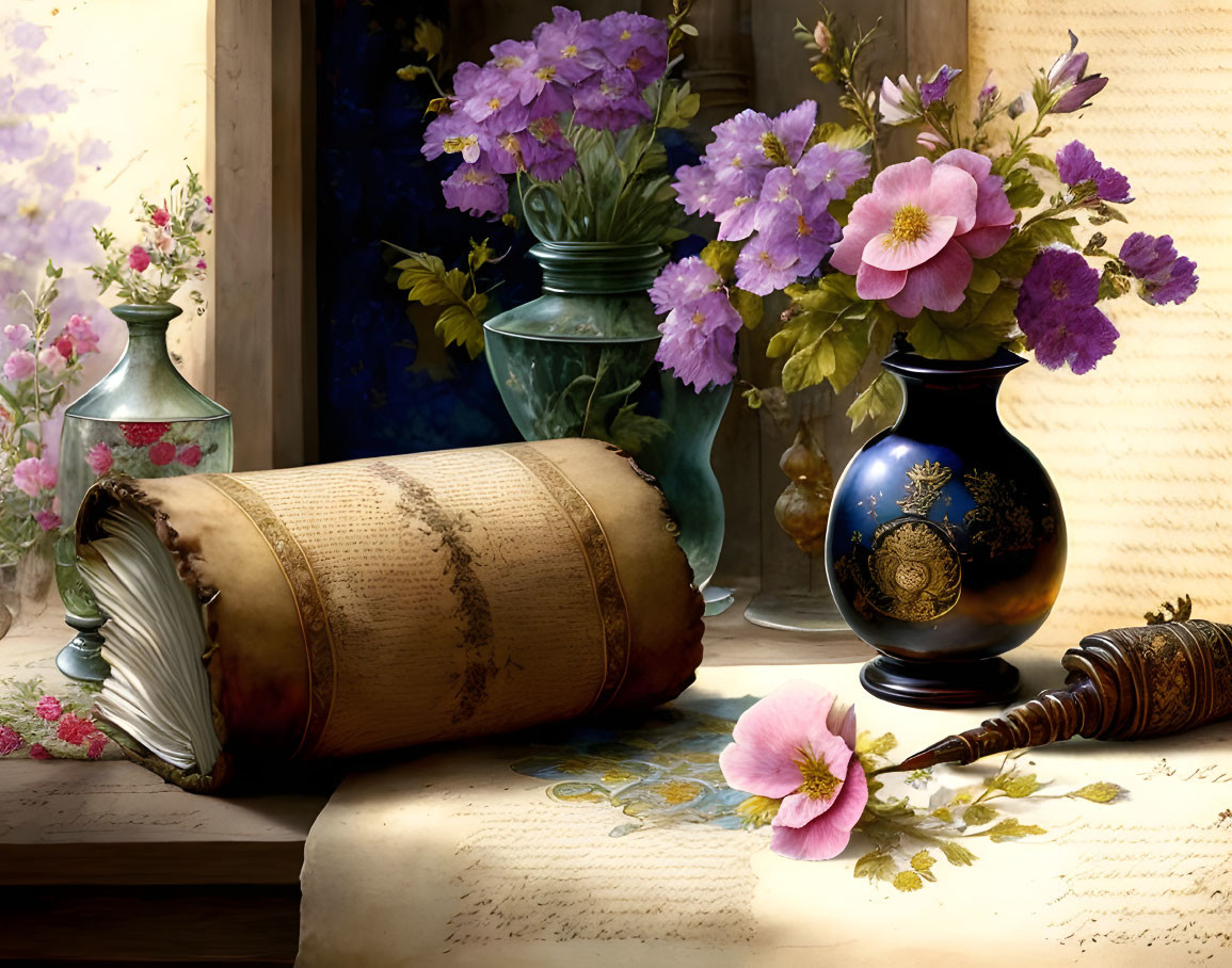 Antique book and purple flowers on table in sunlight